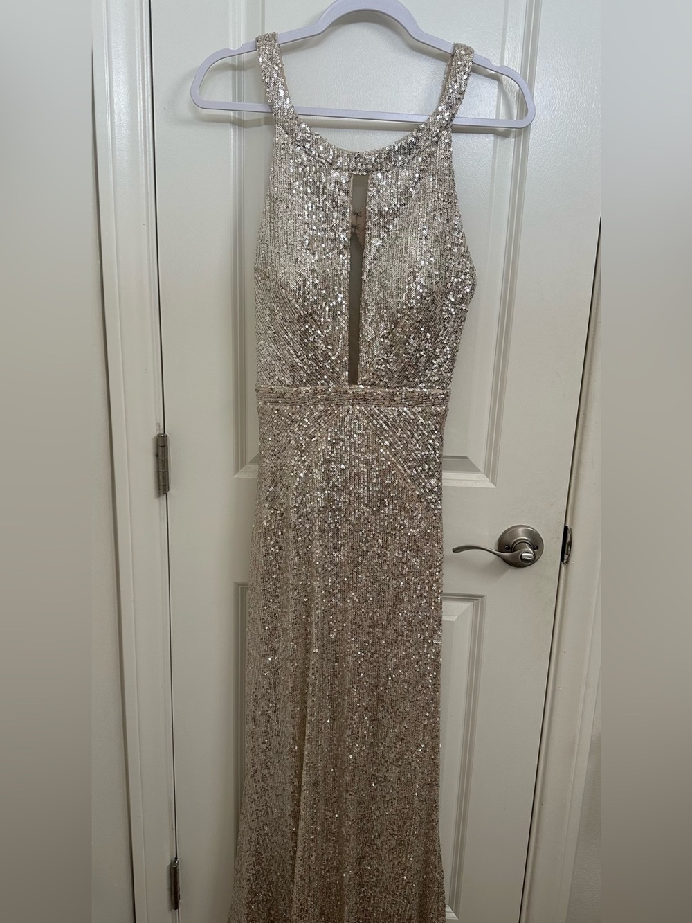 Sequin Halter Evening Gown in Champagne